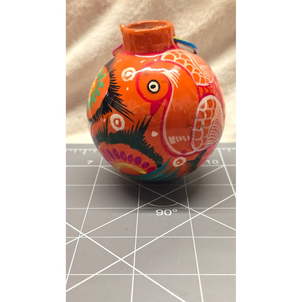 Vintage Mexican Folk Art Hand Painted Pottery Peacock Ornament Orange Ceramic 3"
